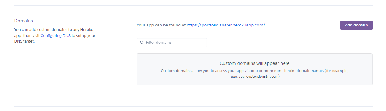 Heroku's Domains section.