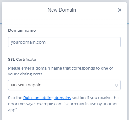 Heroku's New Domain modal.