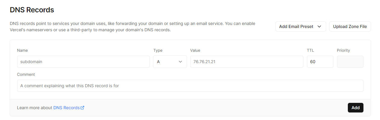 Vercel's DNS Records section.