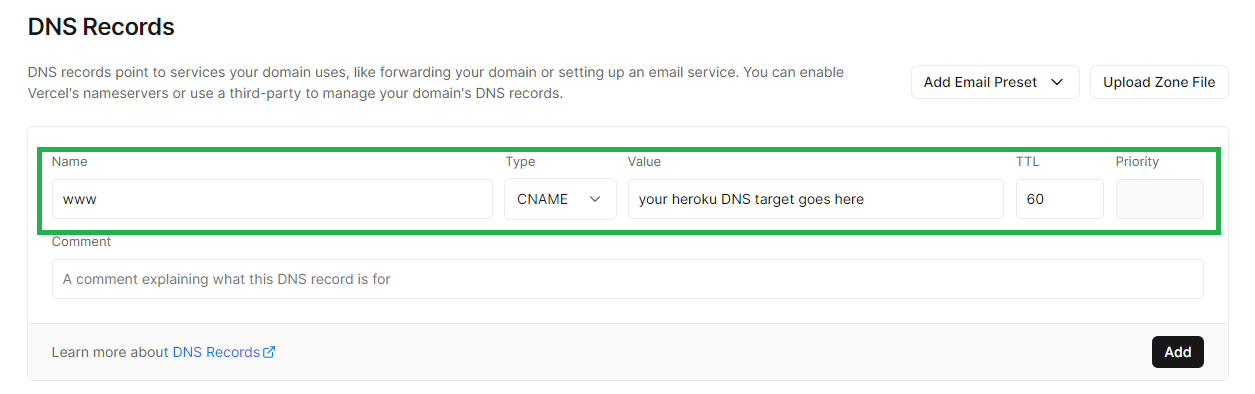Values required for CNAME type.